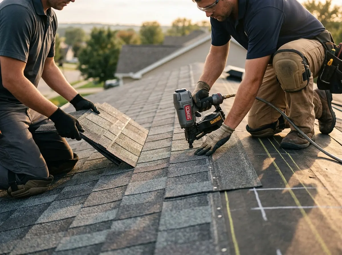 Professional roofer working on a residential roof in Abilene